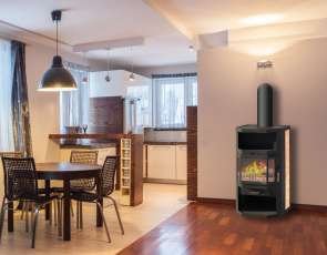 Недорогой стальной камин со стеклом Мета-Бел Ангара фото в интерьере в Новополоцке