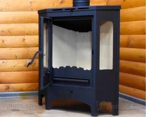 Стальной камин со стеклами Бавария панорама угловая фото в интерьере в Новополоцке