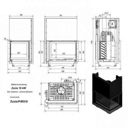 Каминная топка Kratki Zuzia/P/BS/G (угловое стекло справа,гильотина) в Новополоцке