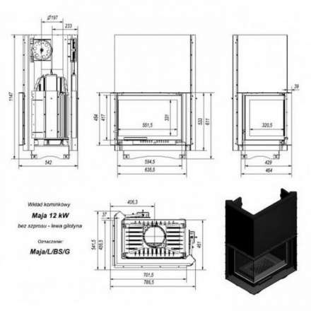 Каминная топка Kratki Maja/L/BS/G (угловое стекло слева, гильотина) в Новополоцке