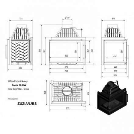 Каминная топка Kratki Zuzia/L/BS (угловое стекло слева) в Новополоцке