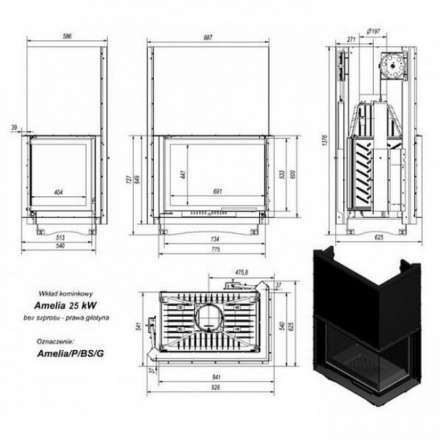 Каминная топка Kratki Amelia/P/BS/G (угловое стекло справа, гильотина) в Новополоцке